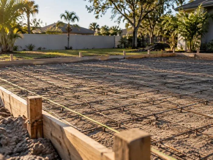 A driveway formed and ready, steel mesh laid on chairs over a compacted gravel base, no people