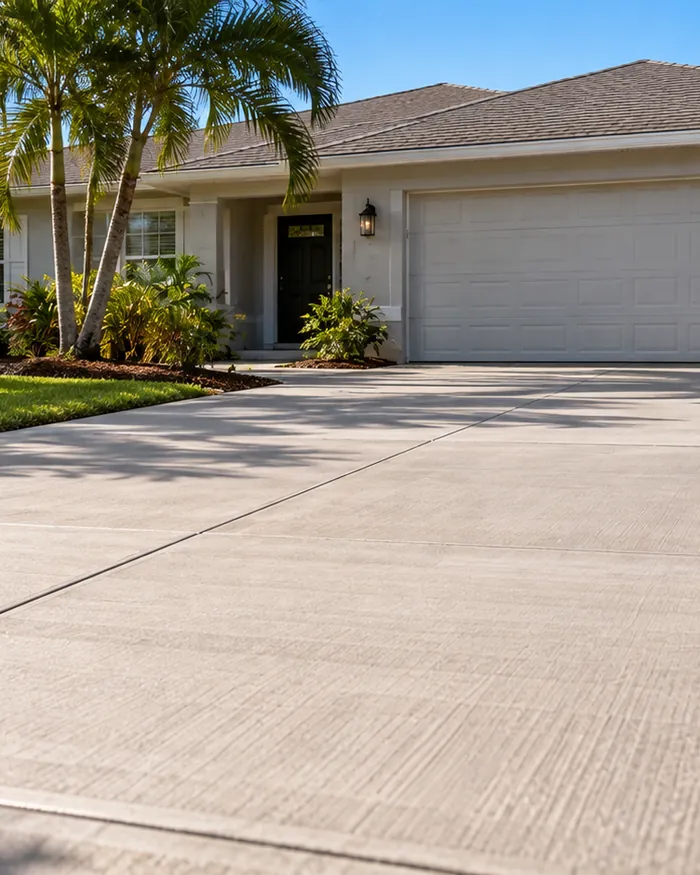 A wide new concrete driveway with a broom finish and straight control joints