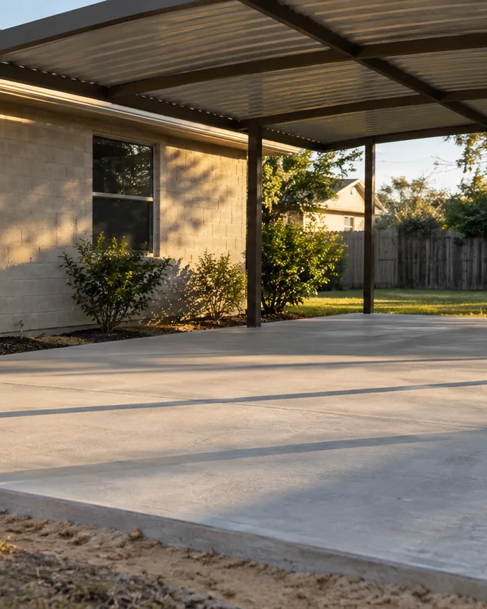 A new backyard concrete patio with a smooth finish and clean edges