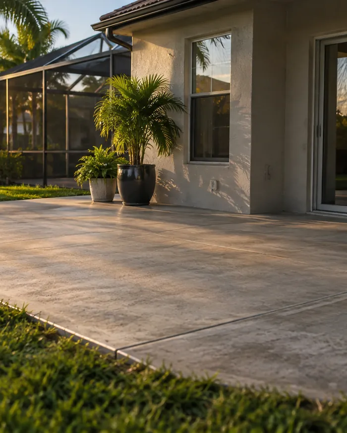 A stamped concrete patio in a stone pattern with a warm color