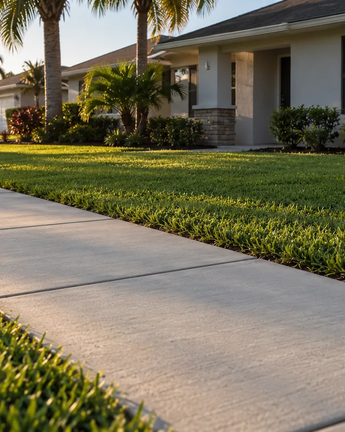 A new concrete front walkway with two poured steps to the porch