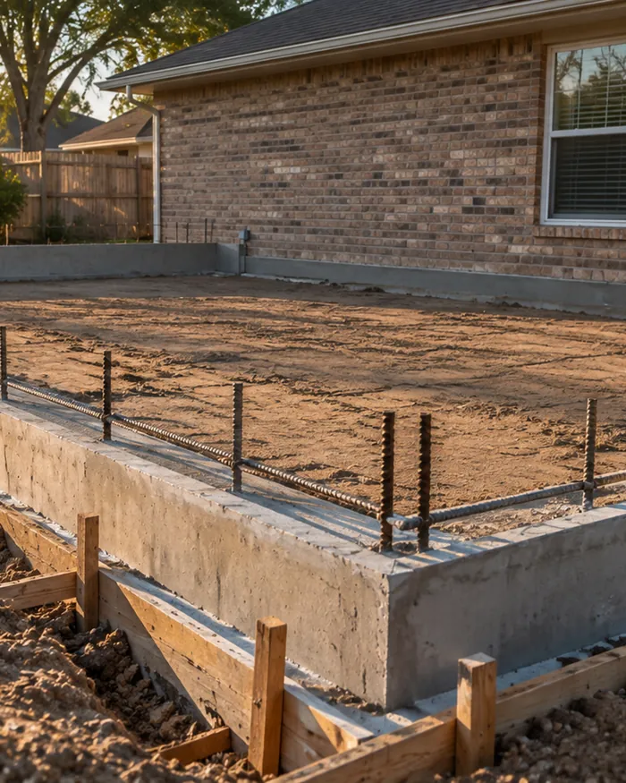 A fresh garage slab with steel mesh visible at the edge before the pour finished