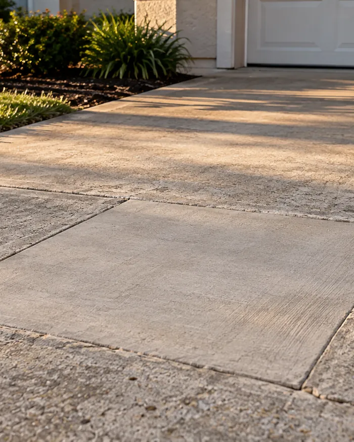A pool deck with a new textured concrete surface around the water